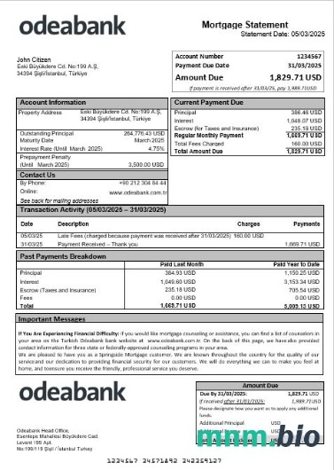 Turcja Odeabank wyciąg z kredytu hipotecznego w formatach Word i PDF